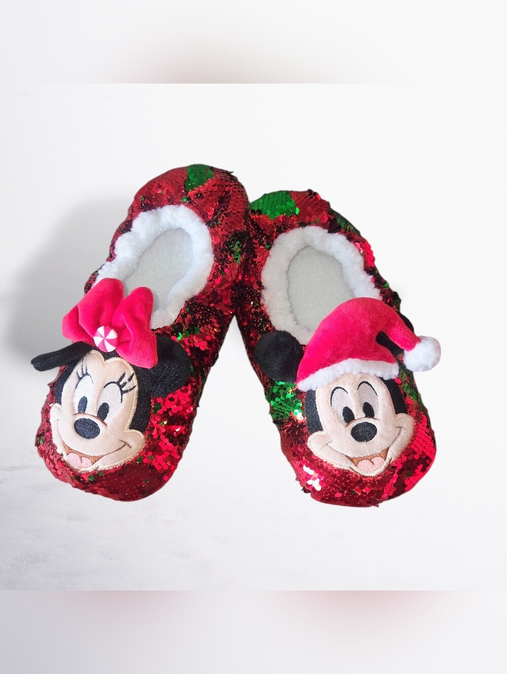 Minnie & Mickey Disney Red Sequin Holiday Slippers